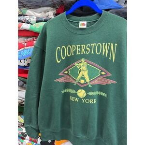 Vintage Fruit of the Loom Cooperstown New York Baseball Sweatshirt Green Mens L
